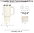 4 Pack 40 Oz Tumbler with Handle Bulk, Double Wall Vacuum Insulated Stainless Steel Tumbler with Lid and Straw, 40 oz cup with Silicone Spill Proof Stopper Set (Cream) - Image 3