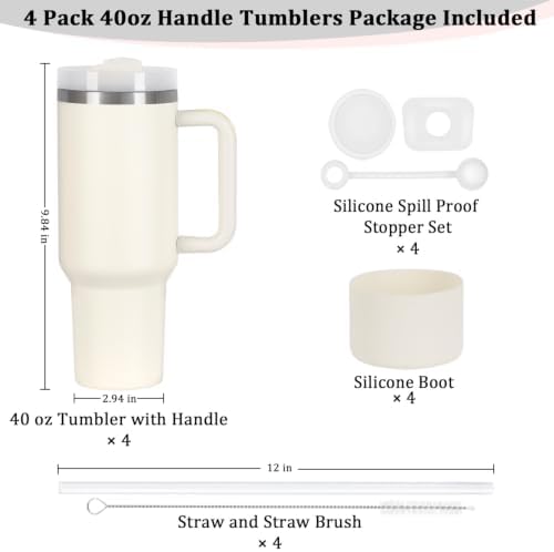 4 Pack 40 Oz Tumbler with Handle Bulk, Double Wall Vacuum Insulated Stainless Steel Tumbler with Lid and Straw, 40 oz cup with Silicone Spill Proof Stopper Set (Cream) - Image 3