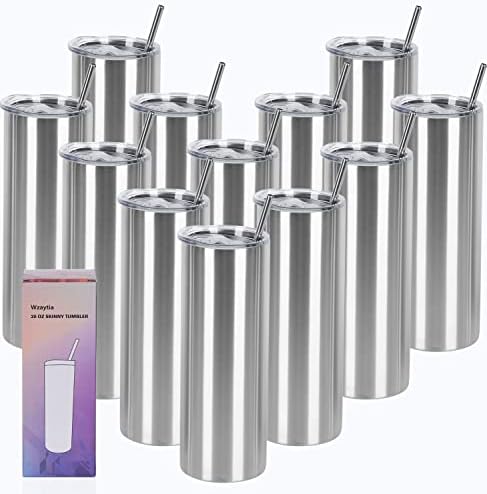 12 Pack 20 Oz Straight Skinny Tumblers,Individually Gift Boxed Stainless Steel Slim Skinny Tumbler Set Bulk, 20 Oz Insulated Slim Thin Travel Tumbler Cup for Diy, Silver by Wzaytia