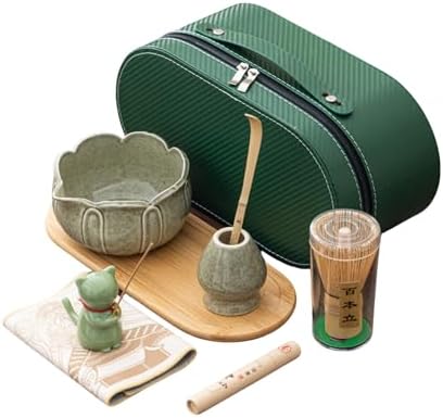 Matcha Whisk Set, Zen Travel Tea Ceremony Kit with Cat Figurine, Bamboo Whisk, Bowl, Incense & Portable Bag - 9-Piece Portable Matcha Set for Mindful Gifting & On-The-Go Rituals (E) by Unknown