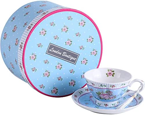 London Boutique Cup and Saucer Set Afternoon Tea Set New Bone China Vintage Flora Rose Porcelain Gift Box (Rose Blue 1pc Set) by LondonBoutique