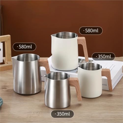 Milk Frother Cup Stainless Steel Coffee Milk Frothing Pitcher Jug Anti-scald Wood Grain Handle 304 Stainless Steel Mug Cup Professional Utensils(600ml Slivery) - Image 7