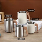 Milk Frother Cup Stainless Steel Coffee Milk Frothing Pitcher Jug Anti-scald Wood Grain Handle 304 Stainless Steel Mug Cup Professional Utensils(600ml Slivery) - Image 7