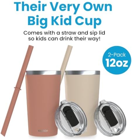 CUPKIN Toddler Tumblers, The Original 12 oz Stackable Stainless Steel Cups, Set of 2 Powder Coated Insulated Kids Water Bottle Alternative + BPA Free Lids + Reusable Silicone Straws (Brown + Peach) - Image 2