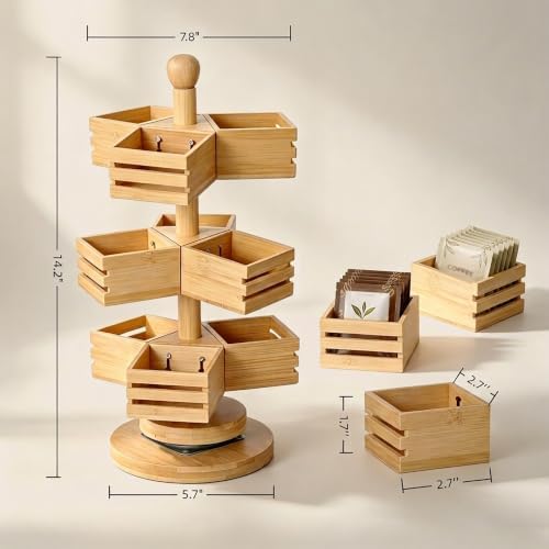 3-Tier Rotating Bamboo Tea Bag Organizer Carousel, Holds 108 Tea Bags - Image 5
