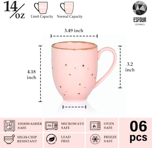Esfour Ceramics Coffee Mugs Set Of 6, 14 Oz Large Handle Heavy Duty Cups - Microwave Dishwasher Safe - Latte, Cappuccino, Tea, Cocoa, Mocha - Men, Women, Home Office Daily Use, Blossom Assorted Colors - Image 2