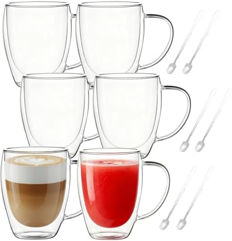 Glass Coffee Cups Set Of 6 - 12oz Double Walled Glass Coffee Mugs with Handle,Clear Insulated Borosilicate Glass Mug,Suitable for Cappuccino,Tea,Latte,Hot Beverage and Wine (6 Pack 12oz +6 Spoons) by Unknown