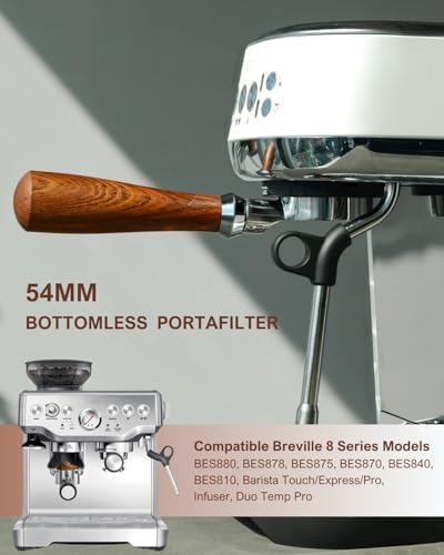 54mm Bottomless Portafilter, Espresso Accessories Fits Breville Barista Series BES870/878/880 & 54mm Breville Machines, Stainless Steel Filter Basket and Premium Mahogany Handle - Image 2