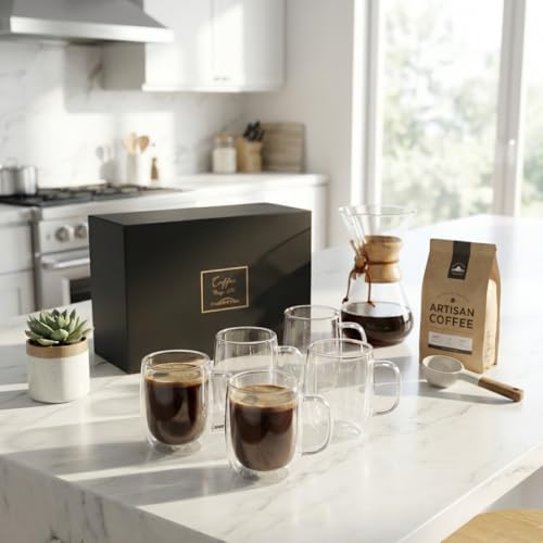 COLLECTIVE HOME 14oz Double Walled Glass Coffee Mugs, Set of 6 - Insulated Clear Glass Cups with Handle, Premium Gift Boxed, Heat Resistant Borosilicate Glassware for Latte, Americano & Tea (6) - Image 4
