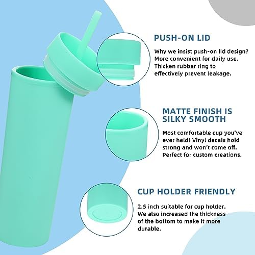 Volhoply 16oz Plastic Skinny Tumbler with Lid and Straw Bulk 10 Pack,Insulated Double Wall BPA Free Matte Acrylic Tumblers,Iced Coffee Travel Reusable Party Cup,Customizable Diy Gifts(Green,10 Set) - Image 4
