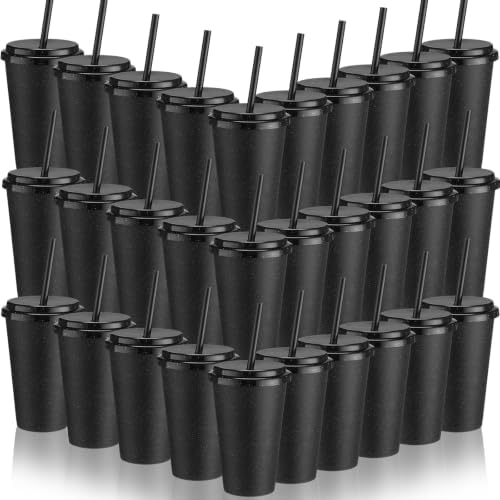 Honeydak 30 Pack Reusable Plastic Tumblers with Lids and Straws 12oz Colorful Cold Drink Cups Bulk Travel Mug Leak Proof Party Iced Coffee Cups for Summer Party Birthday Gift (Glitter,Black) by Honeydak