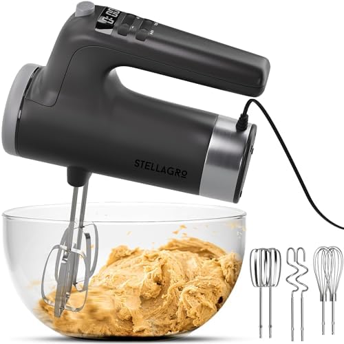 Electric Hand Mixer 350W, 9 Speed Handheld Mixer with Timer, Beaters, Whisks & Dough Hooks, Storage Case, Kitchen Mixer for Baking, Eggs, Cream, Cookie Dough & Frosting, Gray by Stellagro