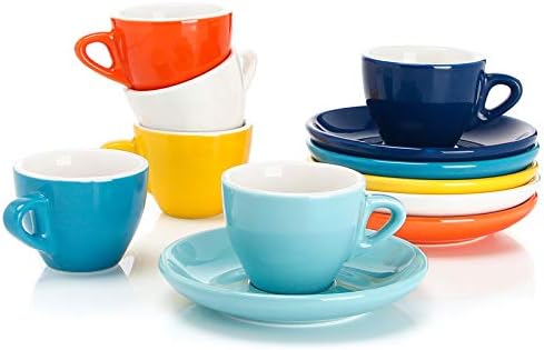 Sweese 2 Ounce Espresso Cups with Saucers, Porcelain Espresso Cups Set of 6 - Hot Assorted Colors by Sweese
