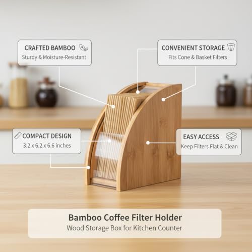 Coffee Filter Storage Box, Natural Bamboo Wood Holder for Cone or Basket Filters, Compact Kitchen Counter Organizer - Image 5
