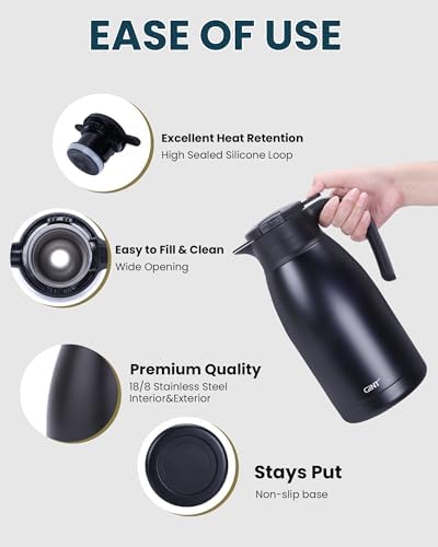 GiNT 1.9L / 64Oz Thermal Coffee Carafe, Insulated Stainless Steel Coffee Carafes for Keeping Hot/Double Walled Vacuum Thermal Carafe (Black) - Image 3