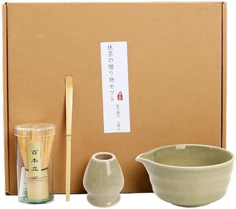 4PCS Matcha Tea Whisk Set, Tea Steeper Stirring Matcha Kits, Handmade from 100% Natural Bamboo Matcha Whisk (Chasen), Ceramic Matcha Bowl with Spout, Ceramic Whisk Holder, Scoop by IIF