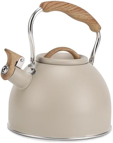 Tea Kettle, Vegoran 100 OZ / 3 Liter Whistling Tea Kettle, Tea Pots for Stove Top Food Grade Stainless Steel with Wood Pattern Folding Handle, Loud Whistle Kettle for Tea, Coffee, Milk (Milk White) by Vegoran