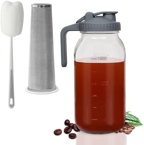 Cold Brew Coffee Maker, Iced Tea Maker, 64 Oz(2 Quart) Wide Mouth Glass Mason Jar Pour Spout Lid with Stainless Steel Filter for Iced Coffee, Ice Lemonade, Fruit Drinks by Fippkargo