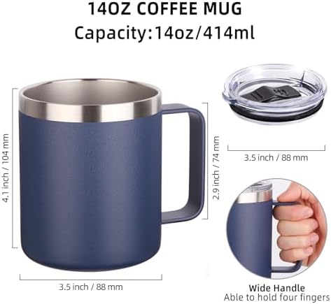 Volhoply 14oz Insulated Stainless Steel Coffee Mug with Lid Bulk 4 Pack,Double Wall Vacuum Travel Coffee Cup with Handle,Reusable Metal Cups Tumbler,Camping Mugs Keep Hot,Ideal Gifts(Navy,4) - Image 2