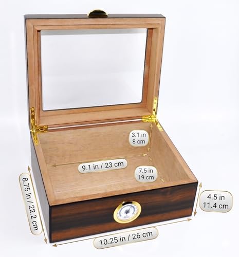 Cigar Humidor - Holds 25-50 Cigars - Spanish Cedar Wood - Tempered Glass Top Display - Metal Handle, Divider, Humidifier, Hygrometer - Santos Rosewood - Image 5