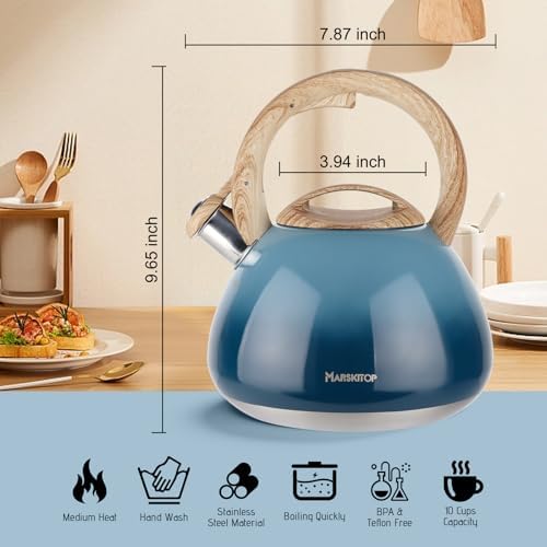 MARSKITOP Tea Kettle Stovetop Whistling Tea Pots for Stove Top Food Grade Stainless Steel Teapot for Induction Cooktop, 2.6 Quart, Blue - Image 3