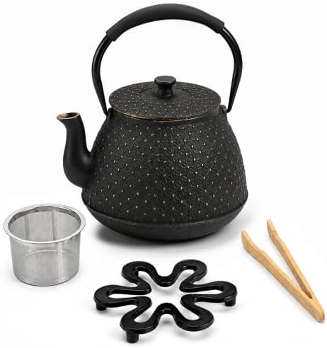 Cast Iron Teapot with Infuser, 42 oz (1250 ml) Large Japanese Tea Pot for Loose Leaf Tea, Enamel Interior, Stovetop Safe, Heat Retaining Design for Family & Friends Sharing, Black by Unknown