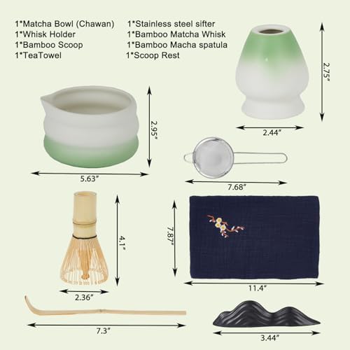 7-Pc Gradient Green Matcha Set: Ceramic Bowl, Bam boo Whisk & Holder, Scoop, Sifter, Towel - Image 6