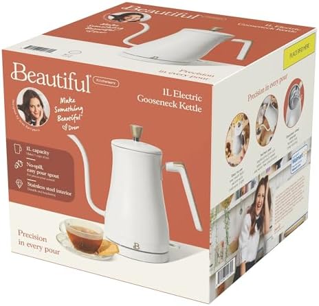 Electric Gooseneck Kettle 1 Liter 1200W Fast Boil with Precision Pour Spout, Stainless Steel Interior, Auto Shut-Off & 360° Swivel Base (White Icing) - Image 2