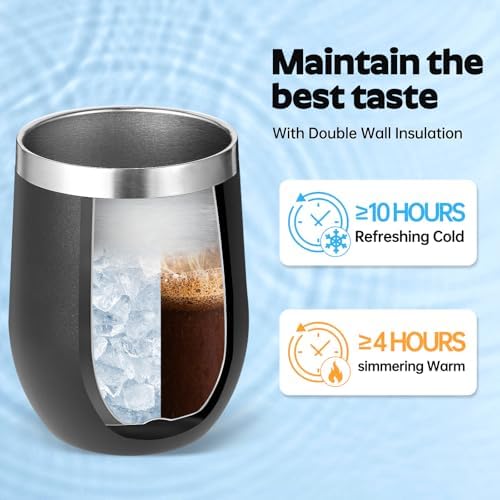Volhoply 12oz Stainless Steel Wine Tumbler with Lid Bulk 12 Pack,Double Wall Vacuum Stemless Wine Glasses,Reusable Metal Travel Coffe Mug with Straw,Insulated Cups Gifts for Christmas（Black,12 Set） - Image 5