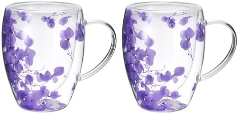 METALLIXITY Flowers Double Wall Glass Coffee Mugs 11.8oz Purple 2Pcs by METALLIXITY