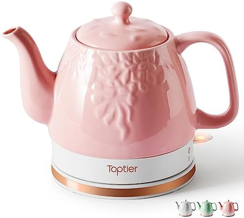 Toptier Electric Ceramic Tea Kettle, Boil Water Quickly and Easily, Detachable Swivel Base & Boil Dry Protection, Carefree Auto Shut Off, 1 L (1 LITER, Light Pink) by toptier