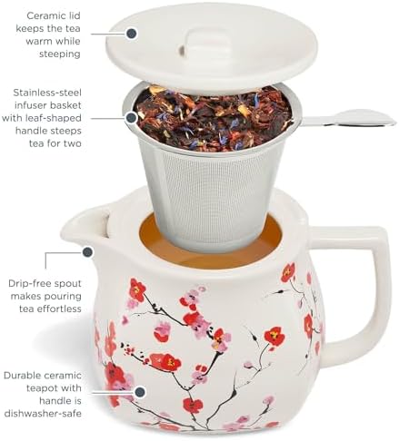 Tea Forte Ceramic Teapot with Infuser, Sakura Cherry Blossom, 24 oz - Image 4