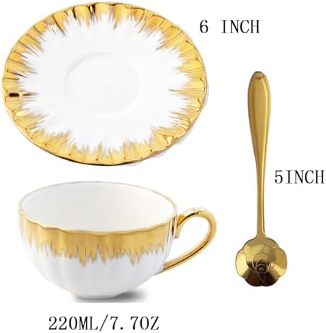 CHANJOON 6 Teacups Tea Tray Spoon Set, 6oz with Galvanized Gold Rim and Gift Box, Ceramic White English Coffee Teacup (gold color, Large) - Image 2