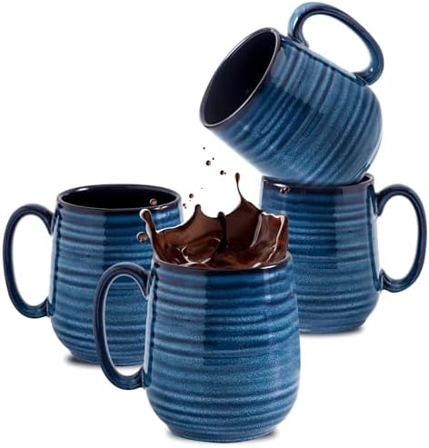 HASENSE Coffee Mugs Set of 4, 15 Ounce Ceramic Coffee Cups with Handle, Large Mug Set for Latte, Tea, Chocolate, Modern Cup Gift for Men and women, Dishwasher & Microwave Safe(Blue) by Hasense