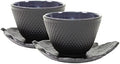 2 Sado Black Leaf Teacup Saucer+ 2 Black Polka Dot Hobnail Japanese Cast Iron Tea Cup Teacup by Unknown