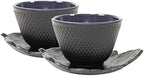 2 Sado Black Leaf Teacup Saucer+ 2 Black Polka Dot Hobnail Japanese Cast Iron Tea Cup Teacup by Unknown