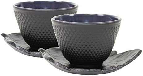 2 Sado Black Leaf Teacup Saucer+ 2 Black Polka Dot Hobnail Japanese Cast Iron Tea Cup Teacup by Unknown