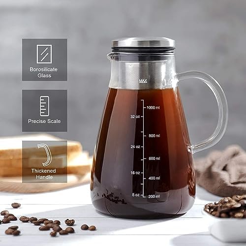 YMMIND Cold Brew Iced Coffee Maker 34oz, Brewed Coffee Pot with Removable Double Mesh 304 Stainless Steel Filter, BPA-Free Cold Brew Pitcher Glass Container, Tea Maker - Image 3