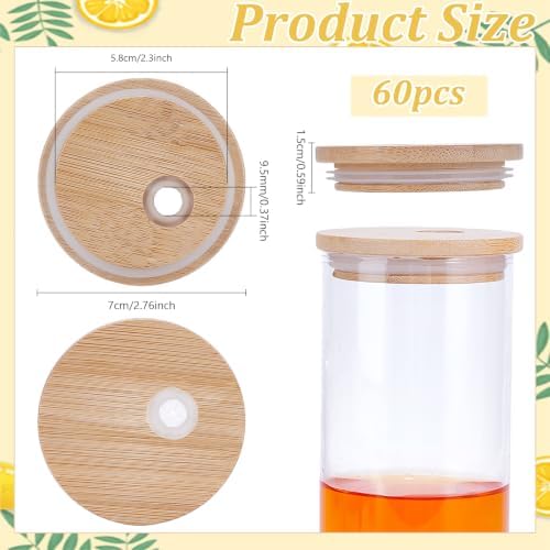 60 Pcs 2.76Inch Bamboo Jar Lids with Straw Hole for Glass Cups, Bamboo Canning Jar Storage Lids with Silicone Ring Glass Cup Covers for Regular Mouth Drinking Jars - Image 2