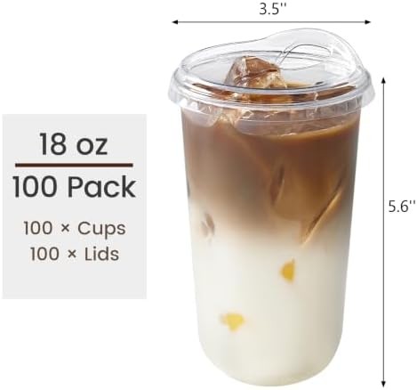 18 oz Round Bottom Clear Plastic Cups with Strawless Sip Lids, 100 Pack - Image 2