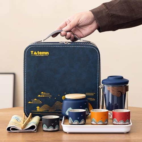 Portable Gongfu Tea Set with Travel Case, Ceramic Tea Set with Glass Teapot Infuser, Bamboo Tea Tray and 4 Ceramic Teacups, All-in-One Travel Tea Kit for Home Office Outdoor Picnic Camping - Image 2
