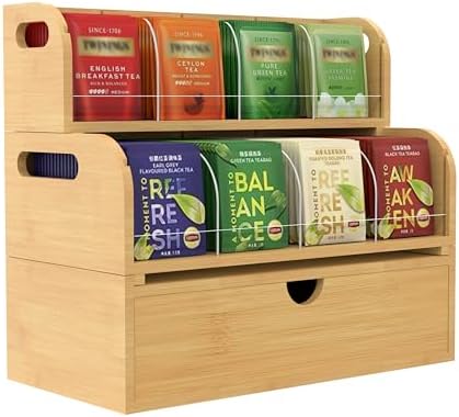 Bamboo Tea Organizer – Stackable Collection (2Tier w/Drawer) by ARFETIGO