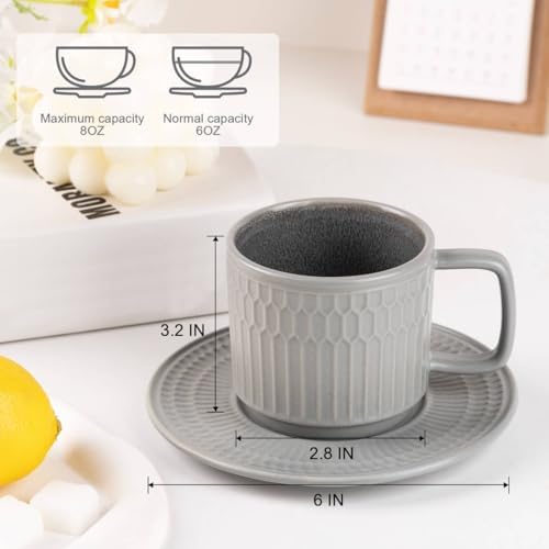 8oz Cappuccino Cups with Saucers Set of 4, 8 Ounce Stackable Embossed Ceramic Coffee Mugs for Specialty Coffee Drinks, Latte Mugs, Cafe Mocha and Tea, Dishwasher & Microwave Safe (Grey) - Image 2