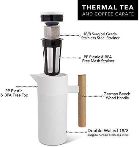 Hastings Collective Thermal Coffee Carafe 40 Oz - Stainless Steel Double Walled Vacuum Insulated Carafe - 1 Liter Thermal Coffee Pot Thermos, Travel Size Beverage Dispenser with Tea Infuser (White) - Image 2