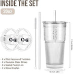 SoulTimes 20oz Wave Ribbed Glass Tumbler with Lid and Straw – Iced Coffee Glasses Cups for Smoothie, Matcha, Juice, Water etc. Leakproof and Reusable Glassware Drinking for Daily & Travel To Go [6Pcs] - Image 3