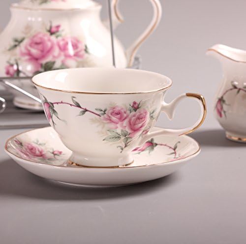 15 Piece European China Coffee Cup Set, Ceramic Porcelain Tea Cup Set with Metal Holder, Tea Gift Sets, Pink Camellia Painting … - Image 2