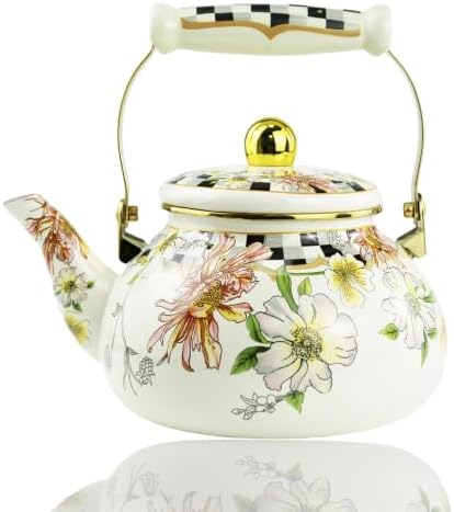 Floral Enamel Tea Kettle Bohemian Vintage Teapot Hot Water Coffee Kettle Pot 2.5L Porcelain Beige Colorful Rustic Tea Pot for Stovetop Hot Water Kitchen Decor by Leebright