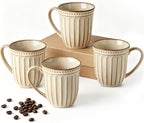 HASENSE Textured Coffee Mugs Set of 4, 16 Oz Ribbed Ceramic Cups with Large Handle for Latte Tea Cappuccino, Stackable Embossed Mugs for Everyday Use, Microwave & Dishwasher Safe, Creamy Beige by Hasense