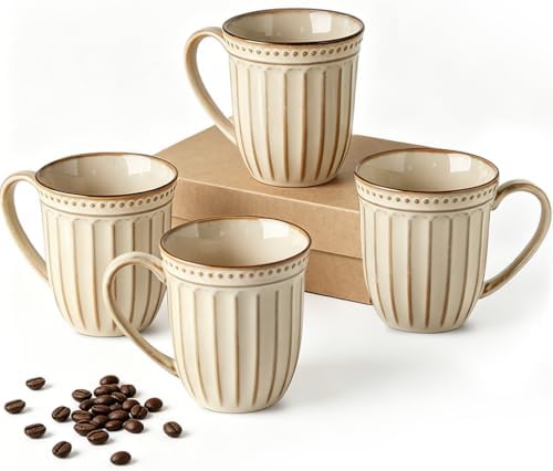HASENSE Textured Coffee Mugs Set of 4, 16 Oz Ribbed Ceramic Cups with Large Handle for Latte Tea Cappuccino, Stackable Embossed Mugs for Everyday Use, Microwave & Dishwasher Safe, Creamy Beige by Hasense