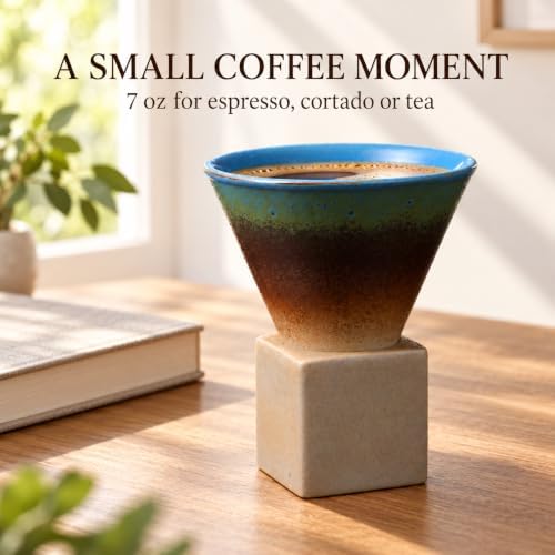 Ceramic Pedestal Coffee Cup, 7 Oz Flared Mug with Square Holder, 25 Colors (Cream Mocha Fade) - Image 5